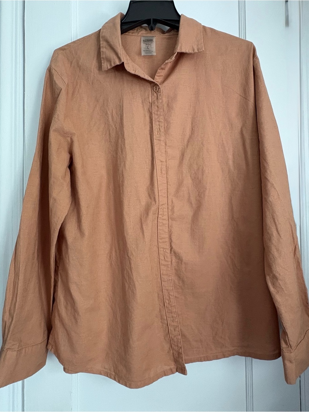 Women’s Tan Camel Button Front Cotton Linen Blend Shirt Long Sleeve Casual, S: L